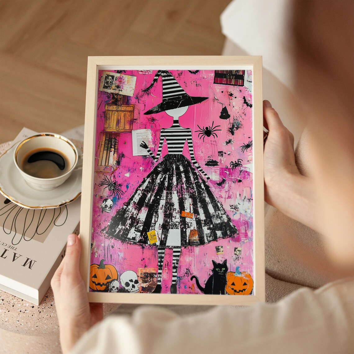Pink Halloween Witch Pop Art Collage, Spooky Decor - Image 4
