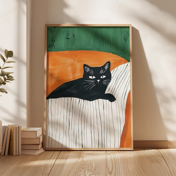 Black Cat Lounging Striped Sofa Bold Orange Green Modern Pet Art Poster