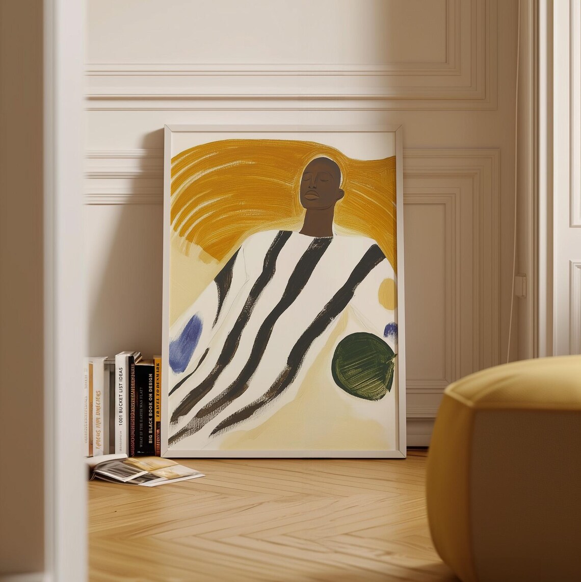 Woman With Golden Halo Arches In Striped Robe Abstract Art Poster