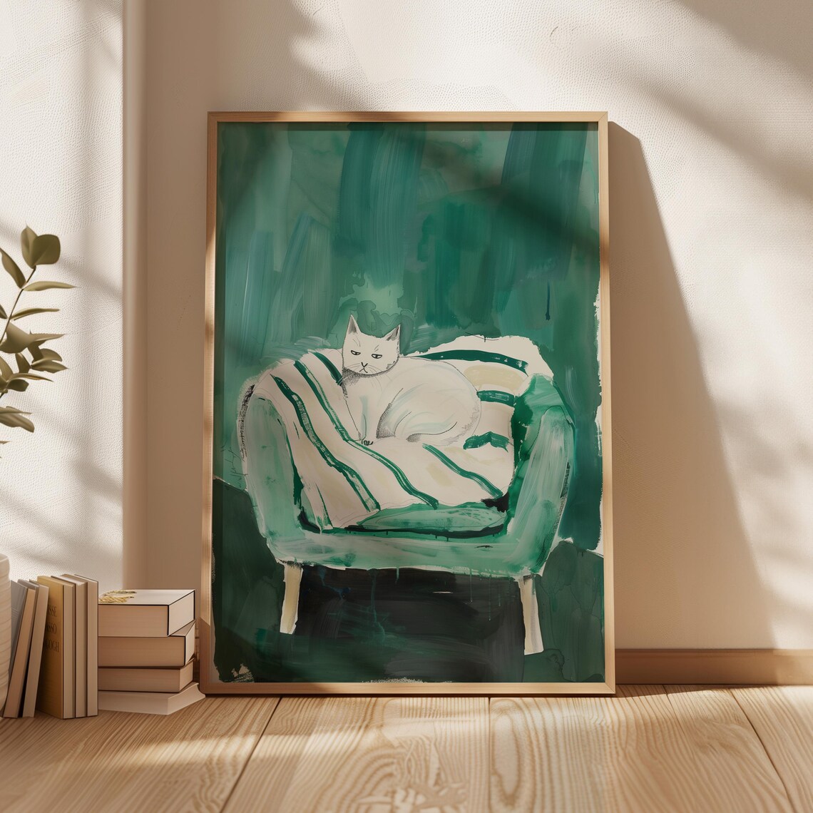 Sleeping White Cat On Striped Cushion Green Armchair Moody Emerald Art Poster
