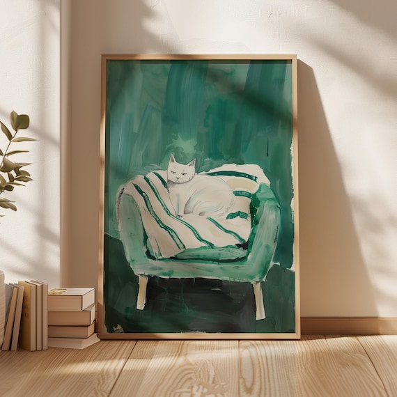 Sleeping White Cat On Striped Cushion Green Armchair Moody Emerald Art Poster