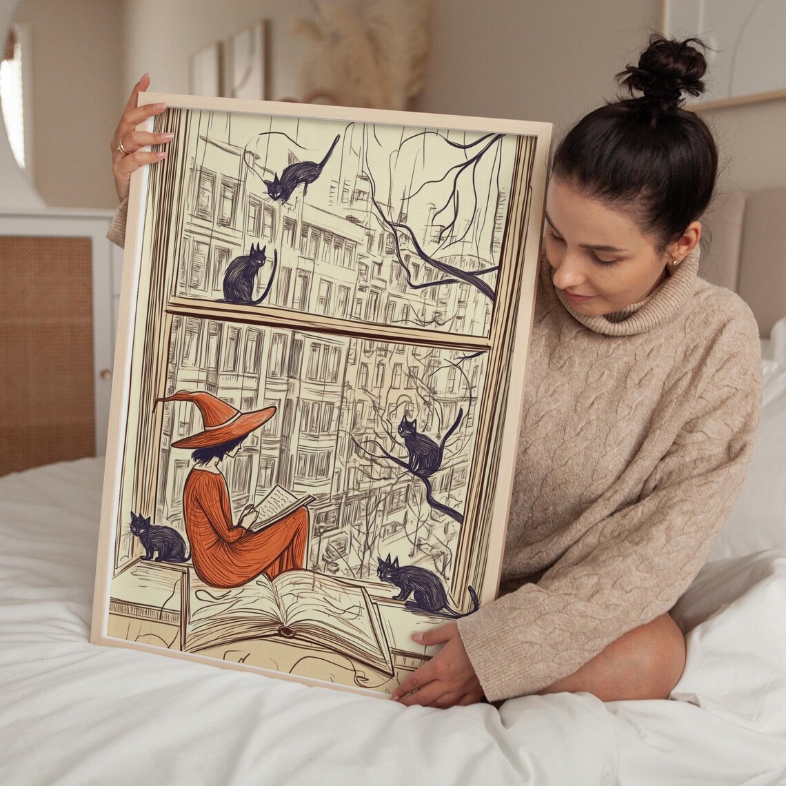 Cozy Witch Reading by Window With Black Cats Orange Autumn Art Poster
