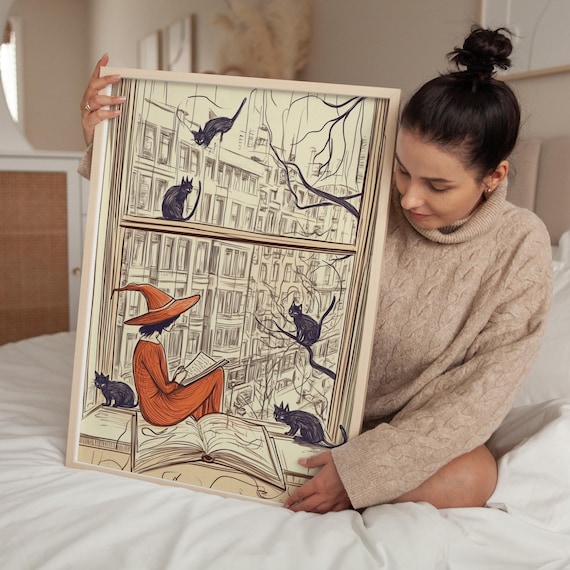 Cozy Witch Reading by Window With Black Cats Orange Autumn Art Poster