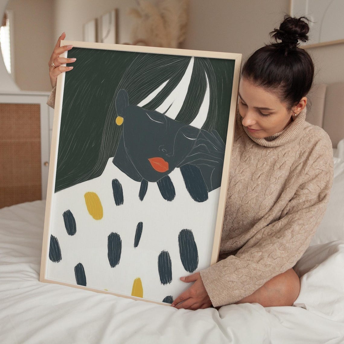 Abstract Portrait Wall Art Minimalist Print With Gold Modern Feminine Illustration Bold Lipstick Dark Tones And Polka Dots Decor - Image 5