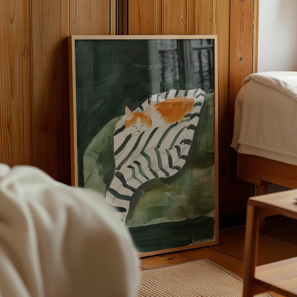 Sleeping Ginger And White Cat Curled On Striped Blanket Dark Green Art Poster - Image 4
