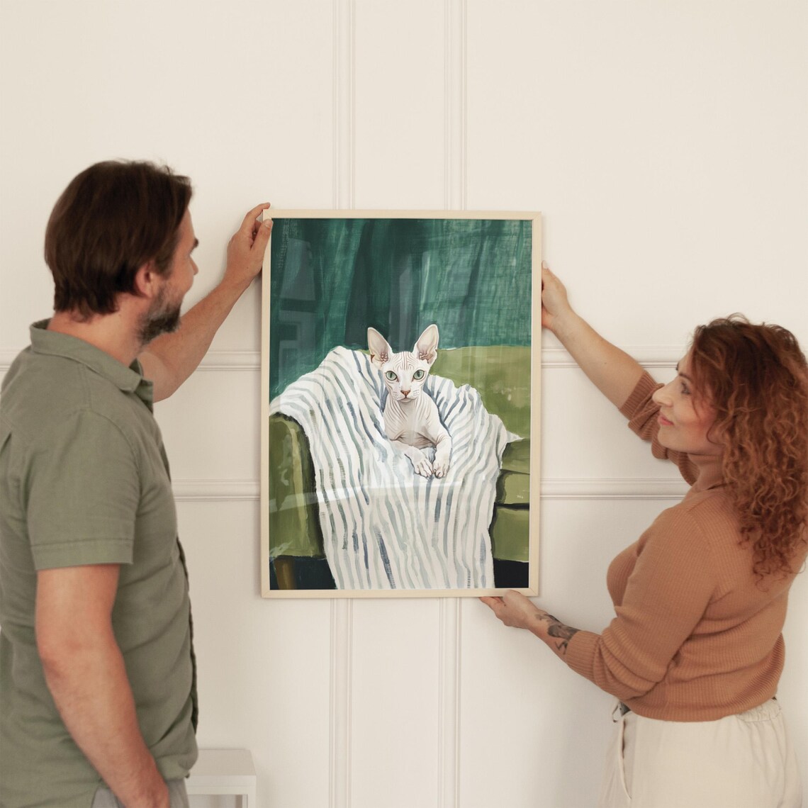 Sphynx Cat Oil Painting White Cat on Striped Blanket Green Art Poster - Image 4