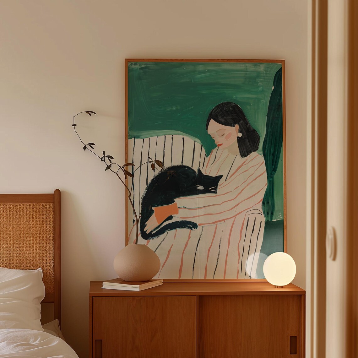 Woman Cuddling Black Cat Striped Robe Emerald Green Cat Lover Art Poster - Image 3
