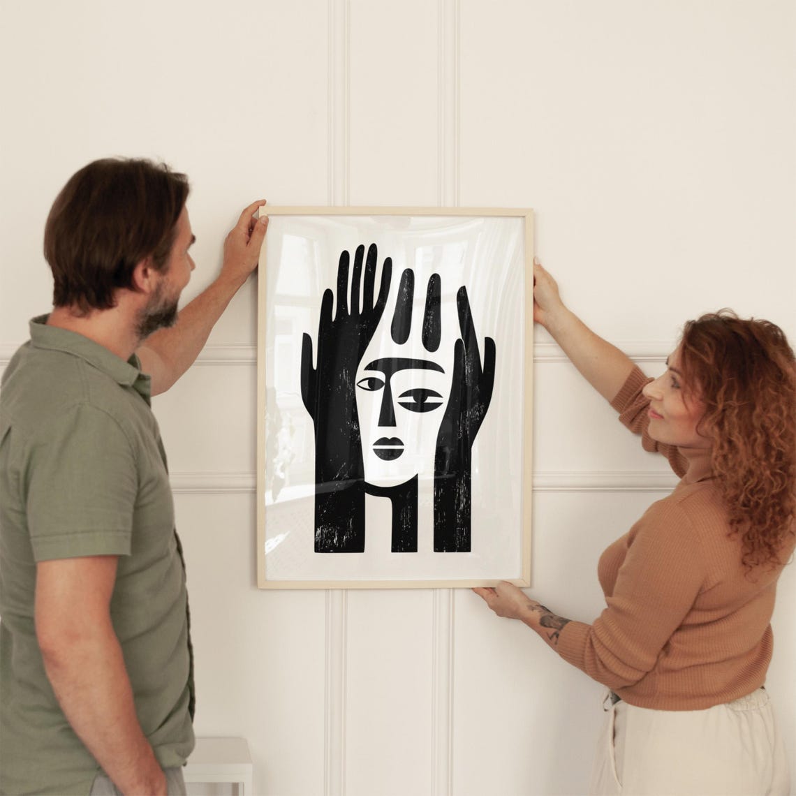 Abstract Face Between Two Hands Black White Bold Modern Poster - Image 2