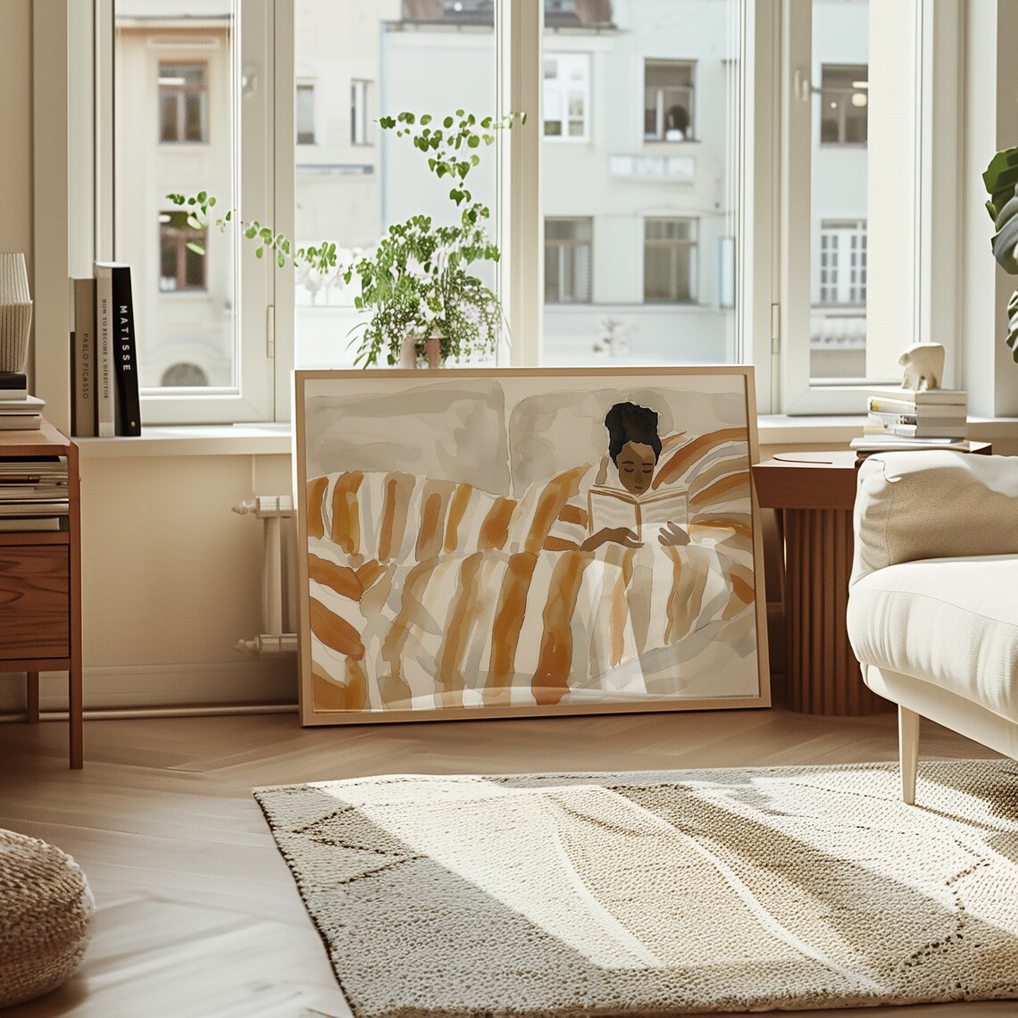 Cozy Woman Reading In Bed Watercolor Brown Striped Blanket Poster - Image 4