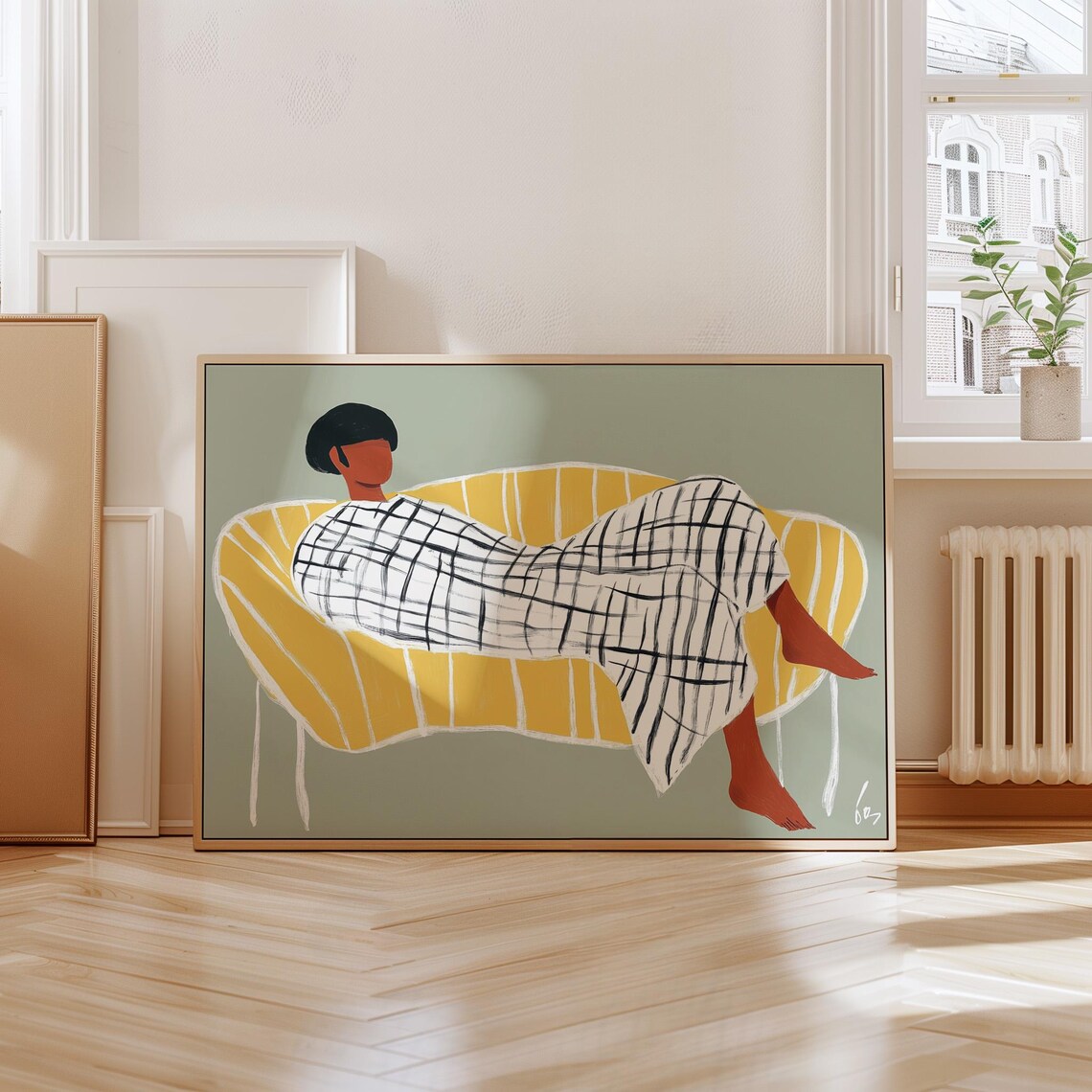 Woman Lounging on Yellow Chaise in Grid Pattern Dress Poster