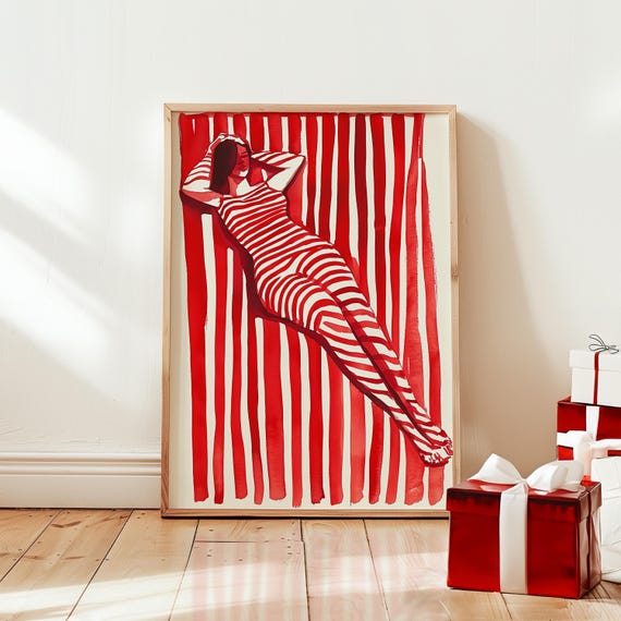 Modern Red Striped Figure Print Bold Abstract Art Contemporary Minimalistic Wall Decor Expressive Watercolor Silhouette Poster