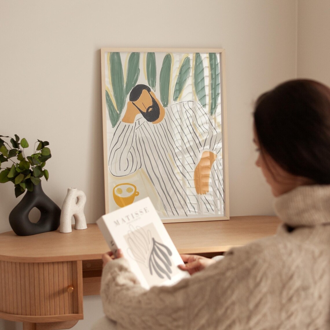Man With Coffee Cup In Striped Robe Among Green Leaves Art Poster