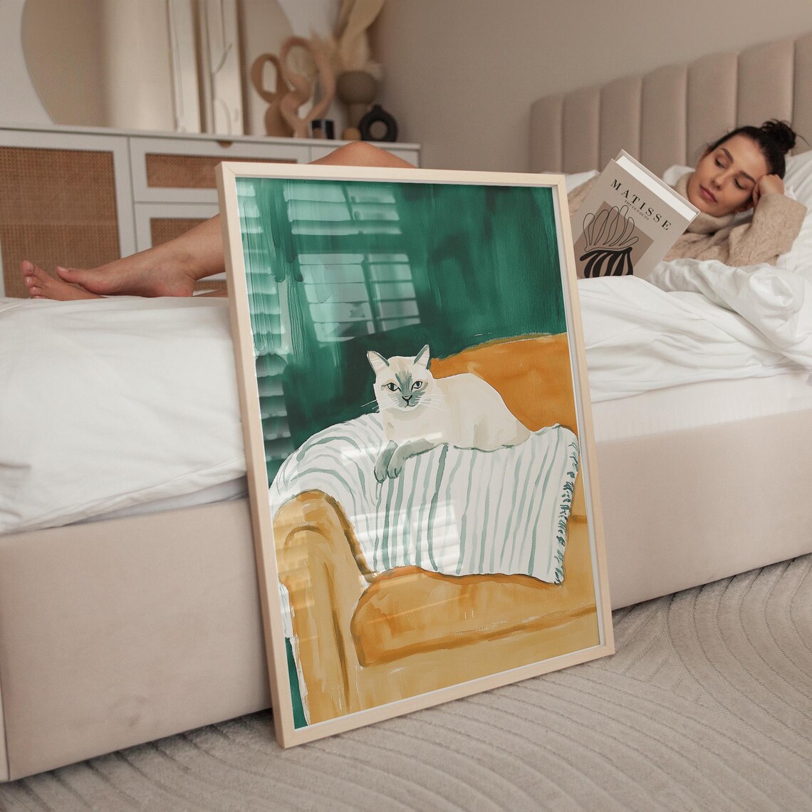 Alert White Cat On Striped Chair Teal And Orange Modern Feline Painting Poster - Image 2