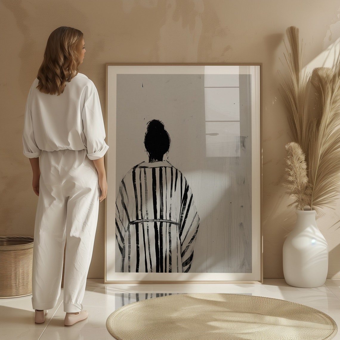 Back View Woman Striped Robe Gray Minimalist Solitude Ink Poster