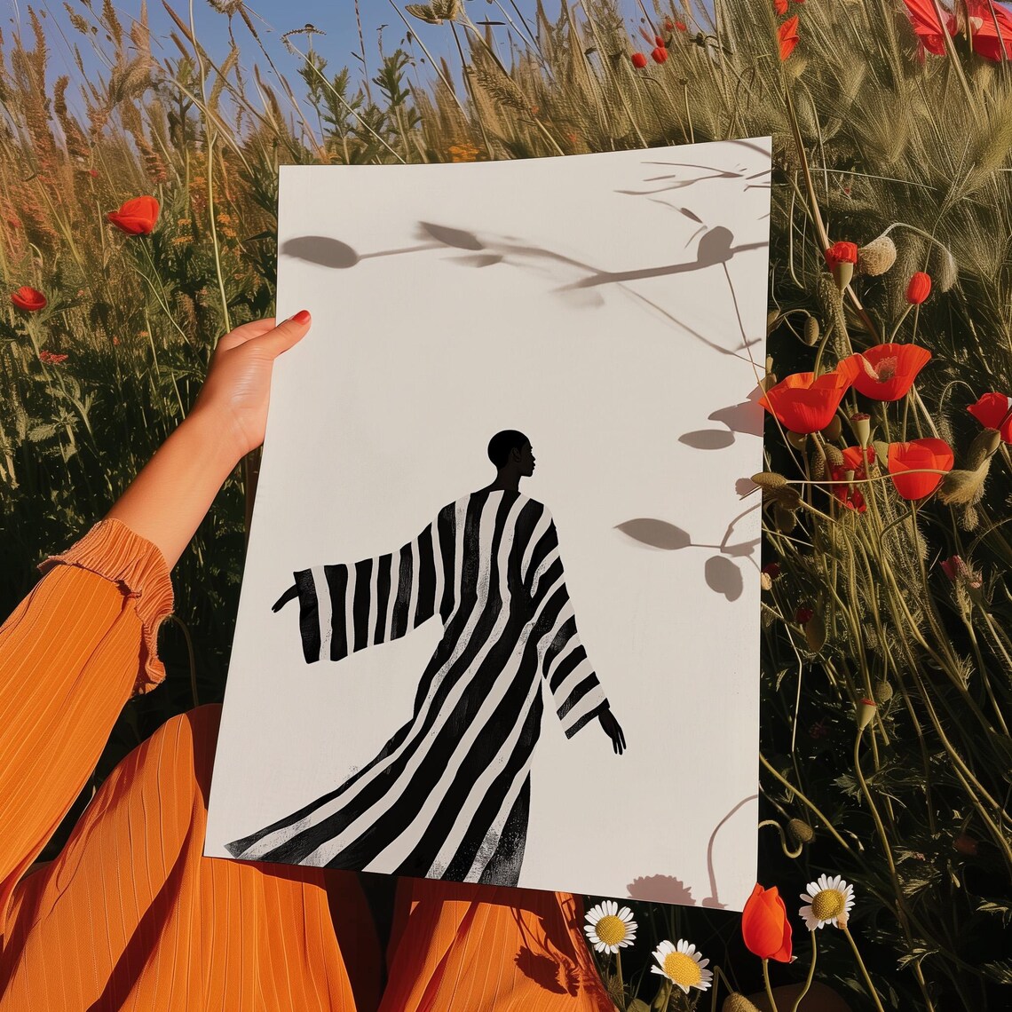 Striped Gown Woman Silhouette Minimalist Black And White Fashion Art Poster - Image 4