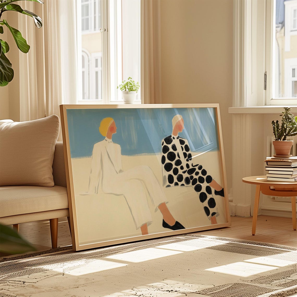 Two Seated Women in White and Polka Dots Against Blue Sky Poster - Image 2