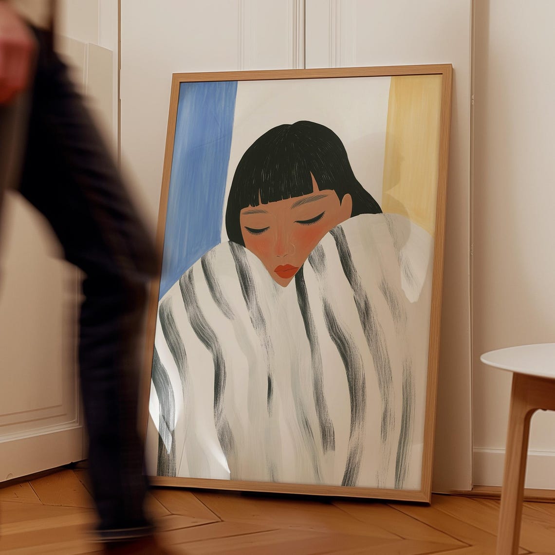 Abstract Minimalist Portrait Serene Figure With Striped Blanket Modern Illustration Cozy Neutral Wall Art Blue And Yellow Accents - Image 4
