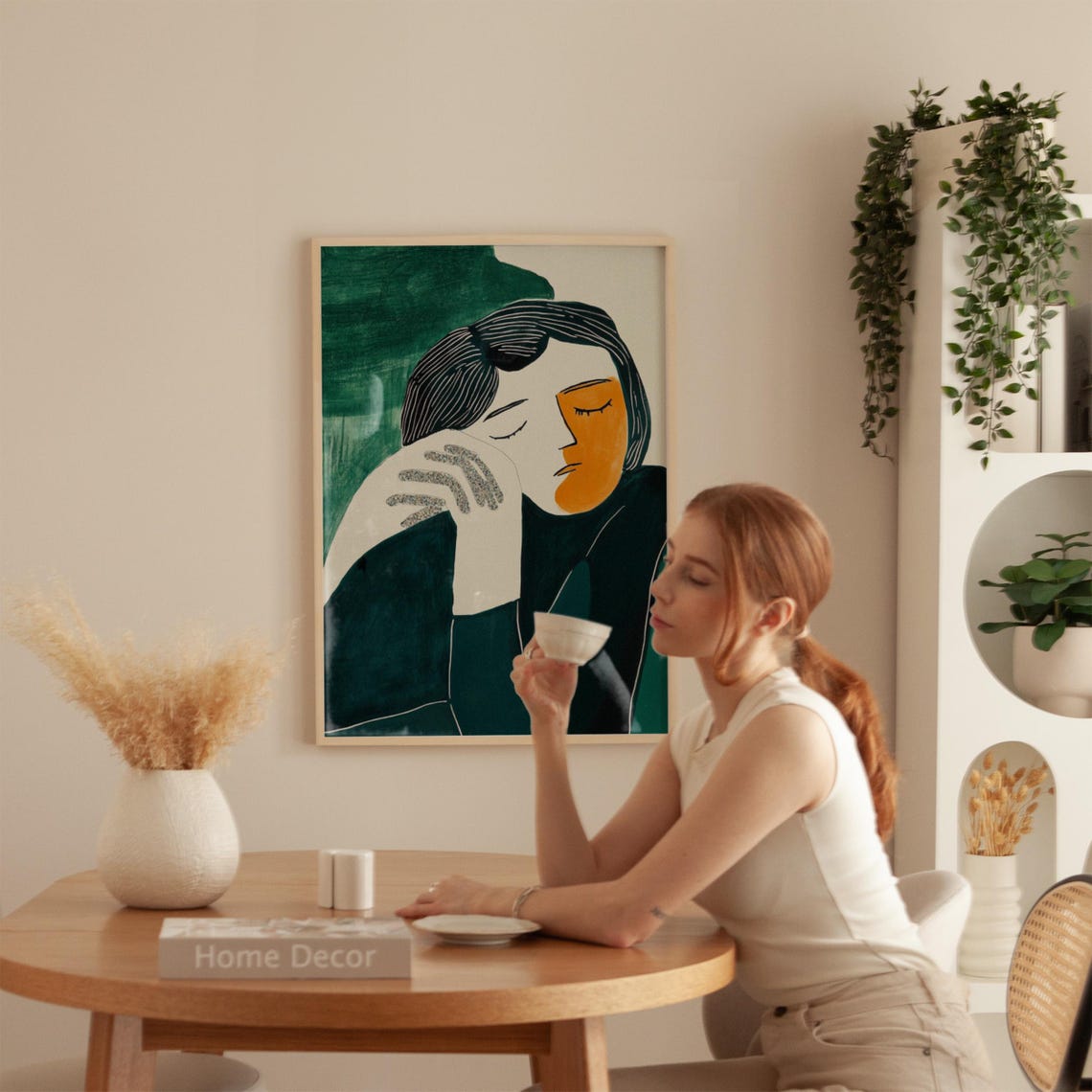 Split Face Contemplative Woman Portrait on Dark Green Poster - Image 5