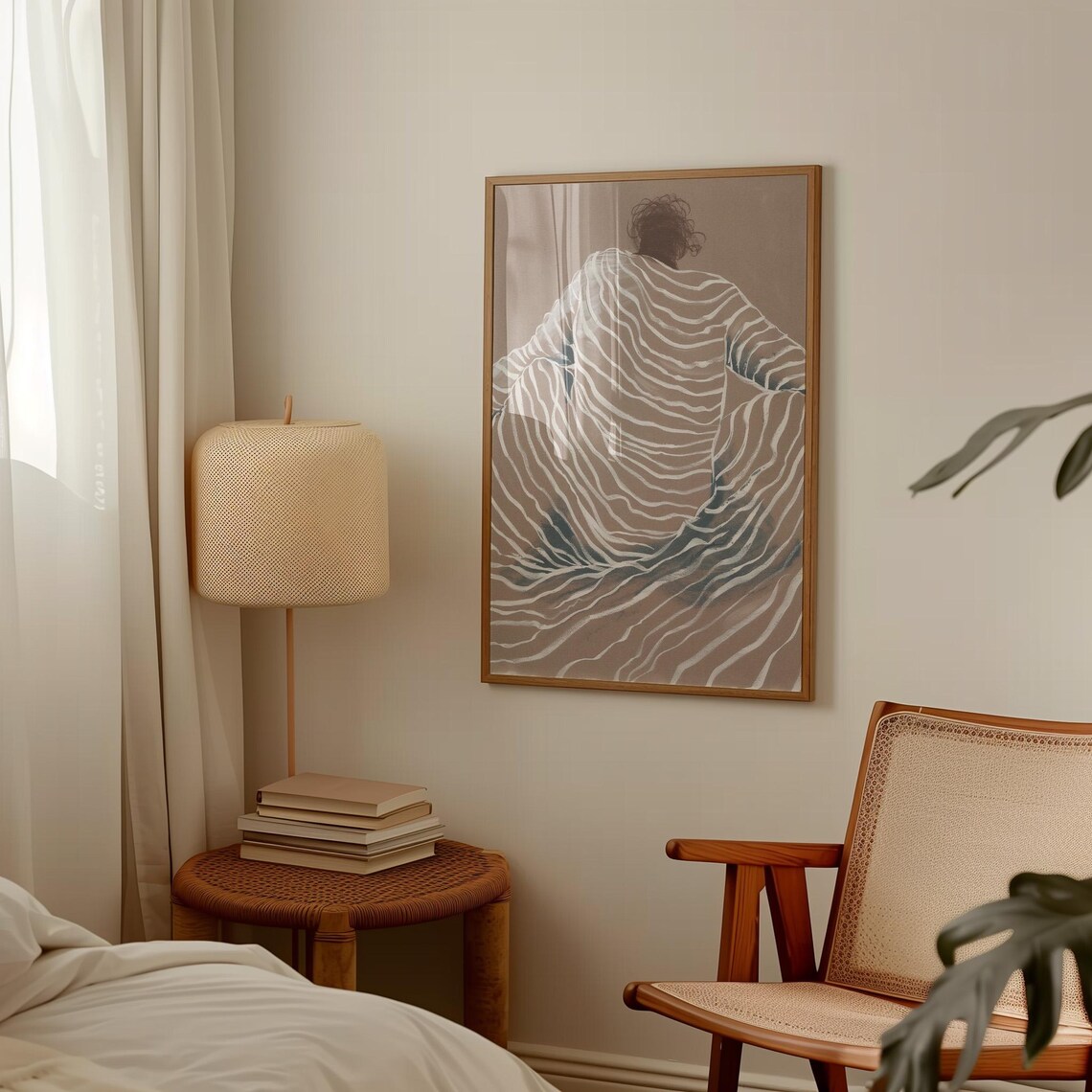 Woman Wrapped in Wavy Striped Blanket Neutral Abstract Figure Poster - Image 4