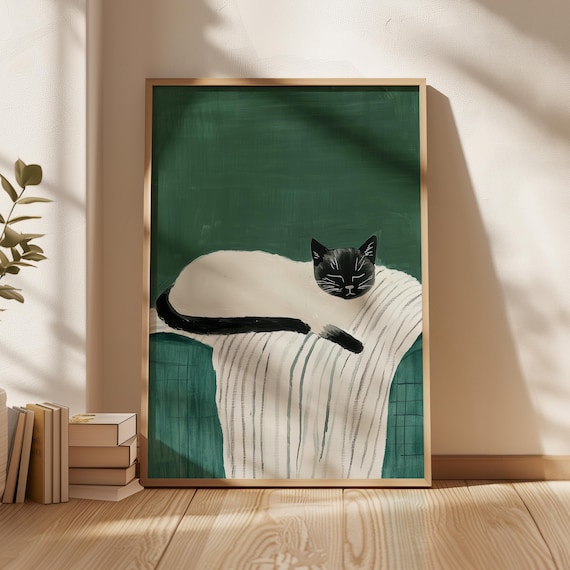 Sleeping Cat On Striped Blanket Emerald Green Naive Painting Poster