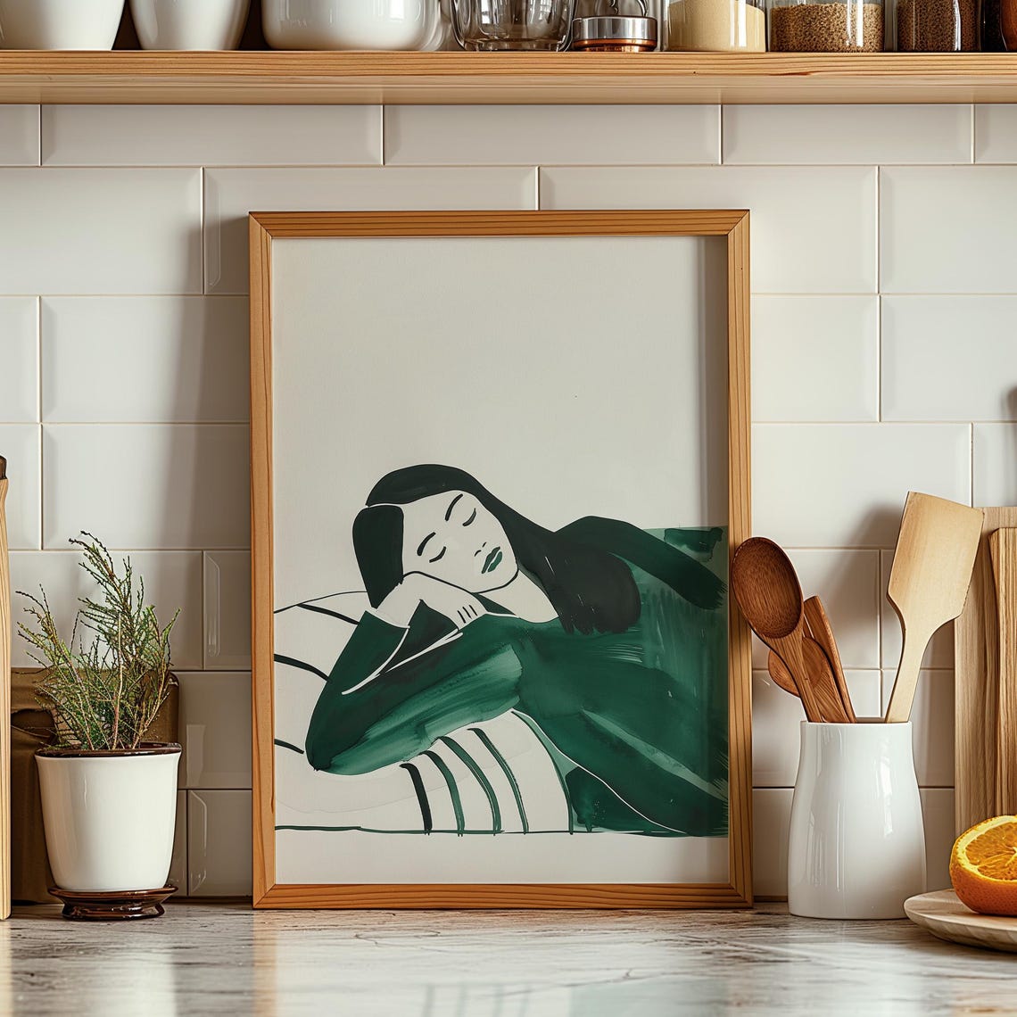 Woman Resting Head on Hand Dark Green Brushstroke Minimal Poster - Image 2