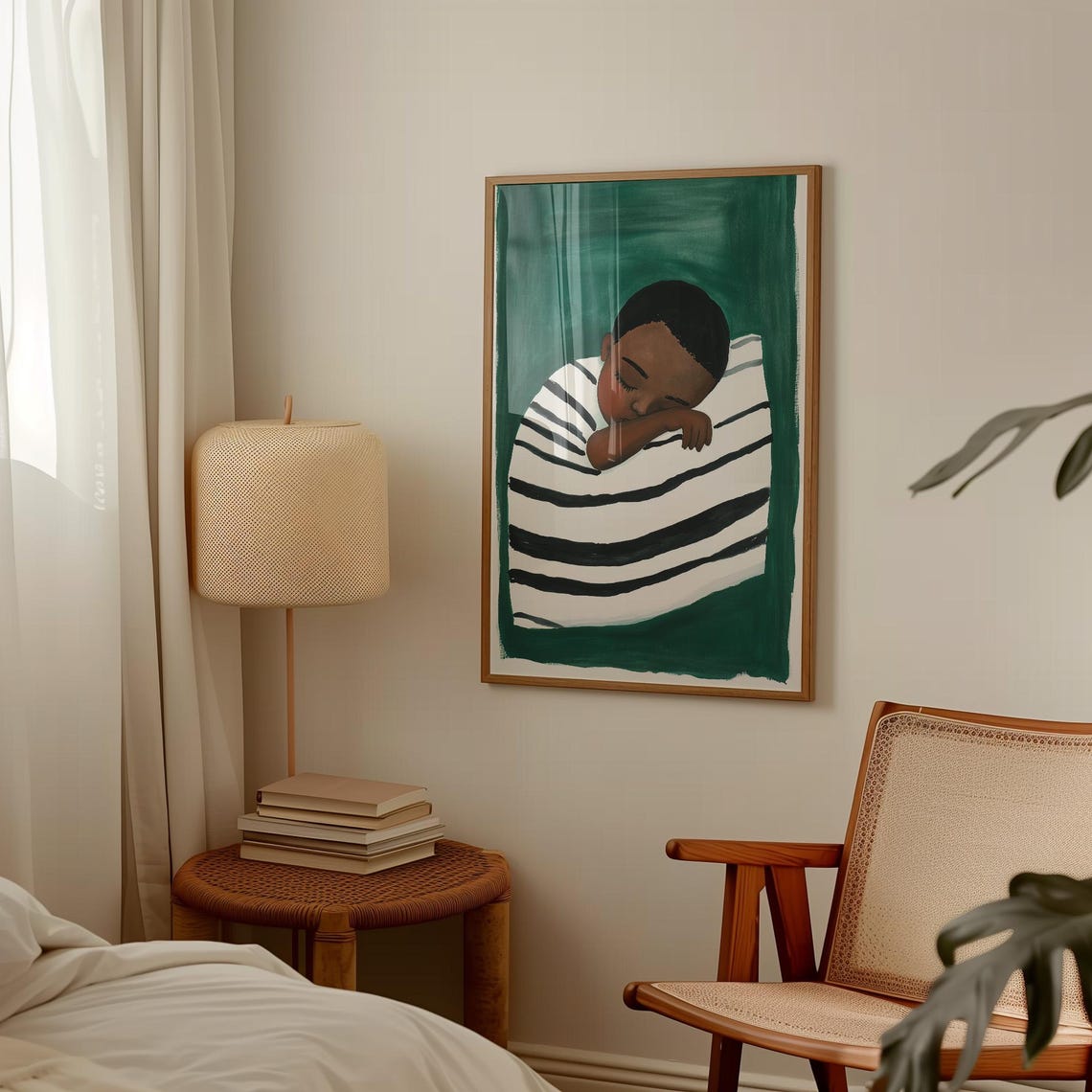 Sleeping Child On Striped Pillow Emerald Green Painting Wall Art - Image 2