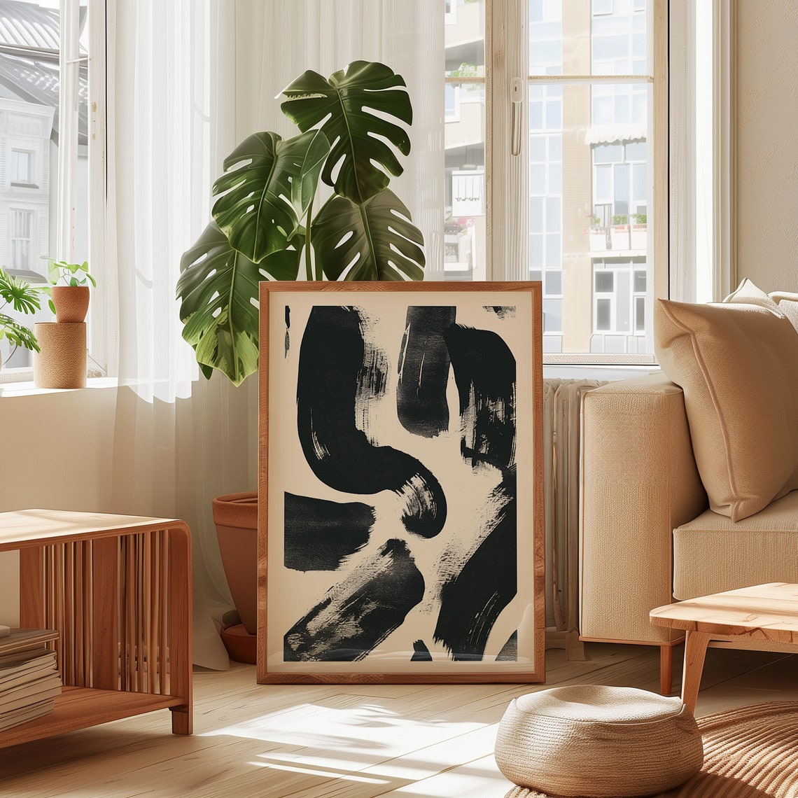 Bold Abstract Black Brushstroke Marks On Cream Modern Wall Art - Image 2