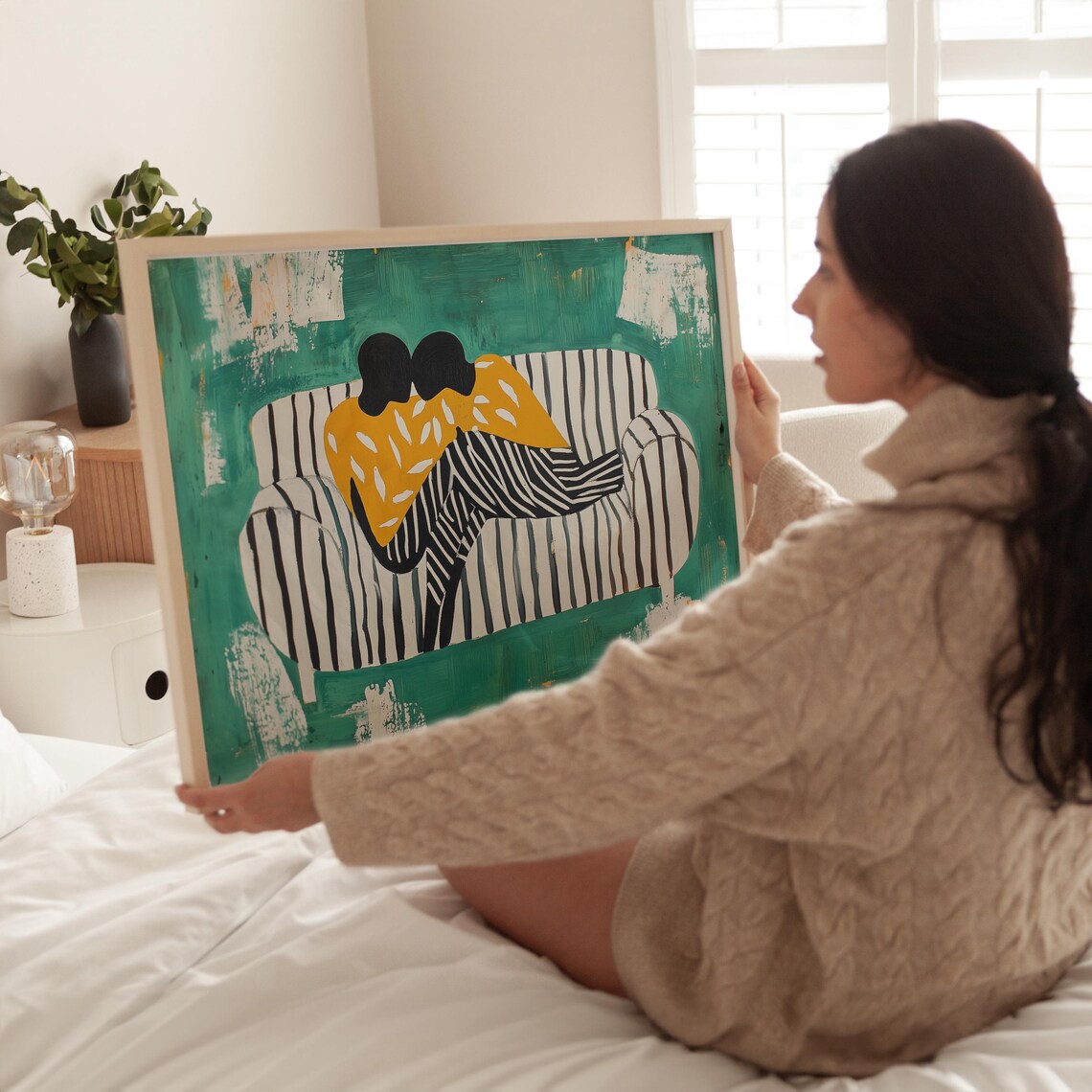 Sweet Couple Snuggling on Striped Couch Teal Abstract Love Poster - Image 3