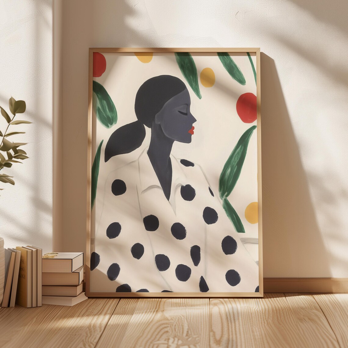 Woman In Polka Dot Robe With Botanical Leaves Portrait Poster
