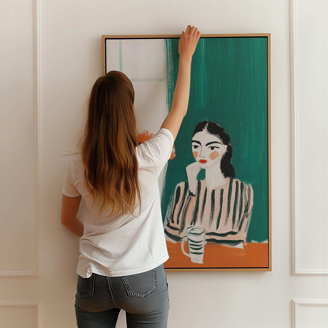 Modern Woman With Coffee And Orange Flowers, Minimalist Kitchen Decor - Image 6