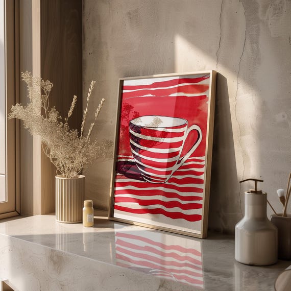 Bold Striped Mug Art Print Red And White Cup Wall Decor Modern Kitchen Art Minimalist Tea Poster Unique Coffee Lover Gift