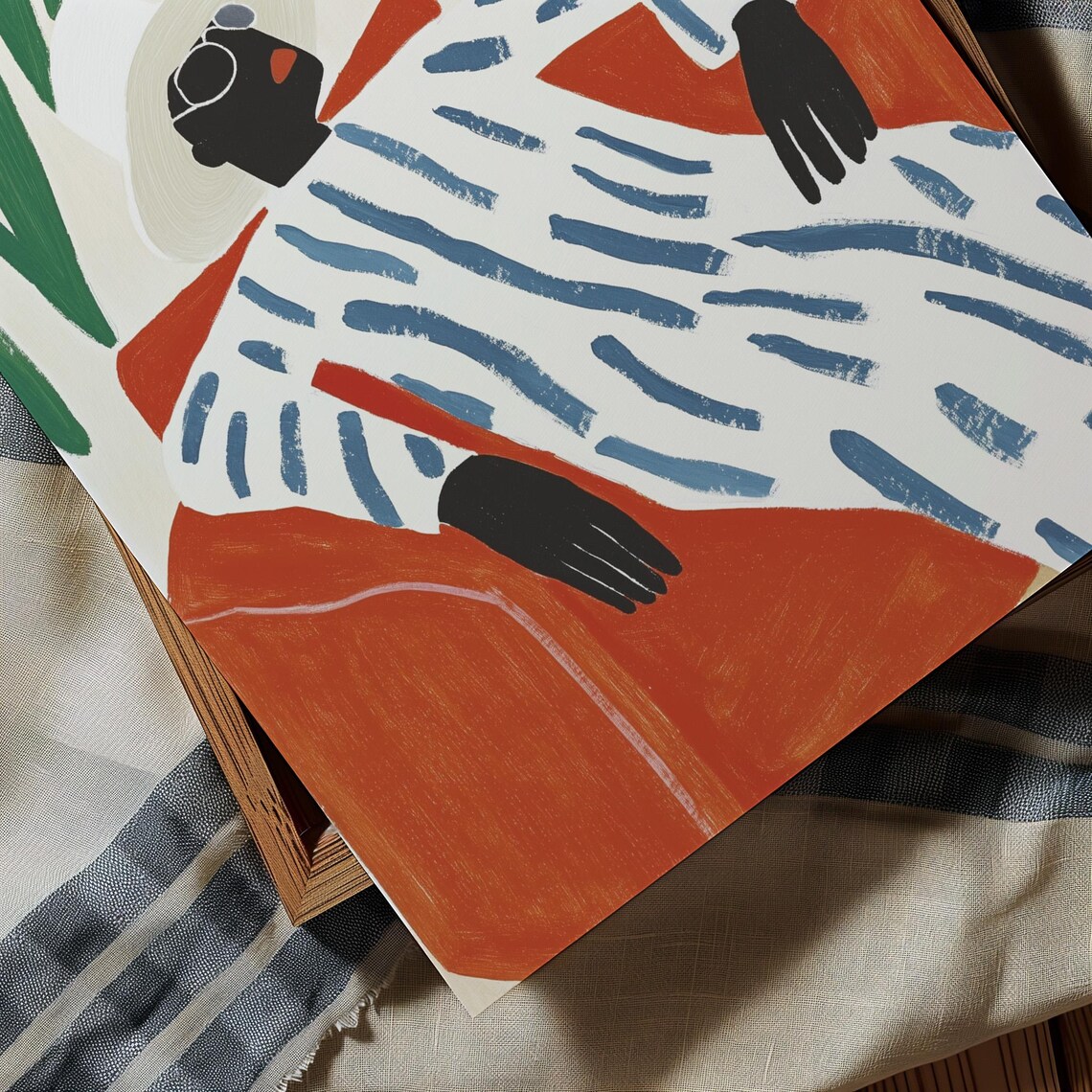 Lounging Figure in Stripes on Orange Sofa Colorful Minimalist Poster - Image 4