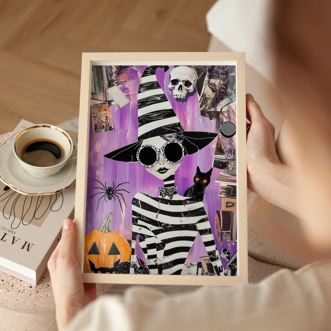 Purple Collage Witch With Sunglasses Black Cat Skull Halloween Art Poster