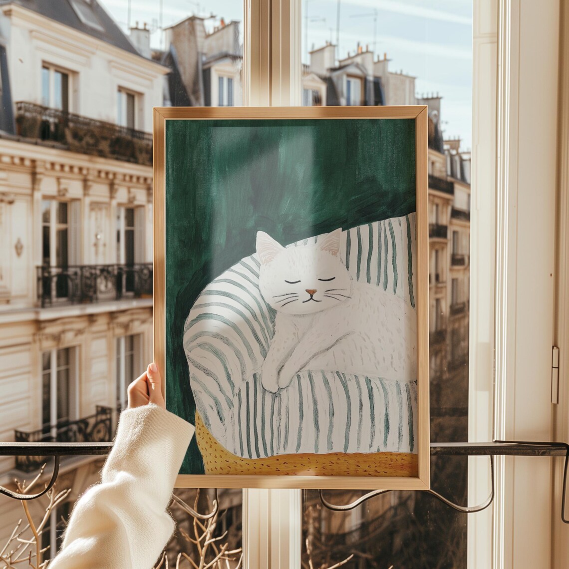 White Cat Sleeping Cozy Striped Chair Green Minimalist Pet Poster - Image 3