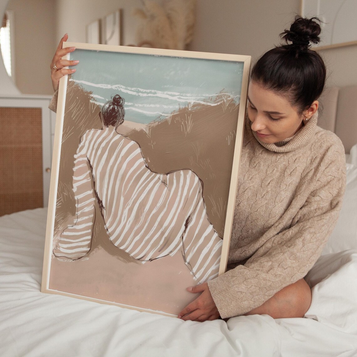 Woman Striped Dress Ocean Dunes Dreamy Coastal Illustration Art Poster - Image 4