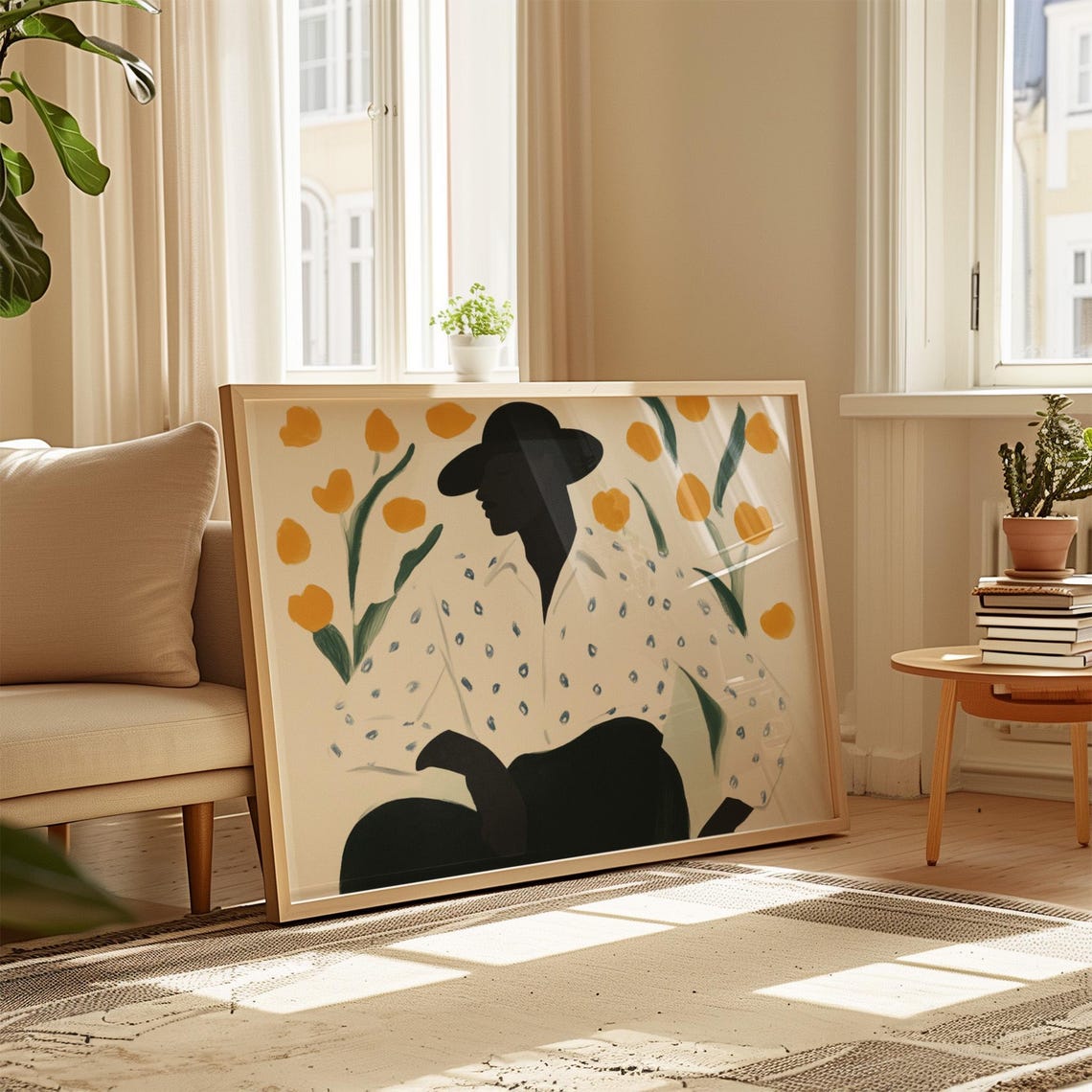 Abstract Portrait Art Print Figure With Black Hat Floral Backdrop Modern Minimalist Decor Stylish Wall Art Bold Home Print - Image 3