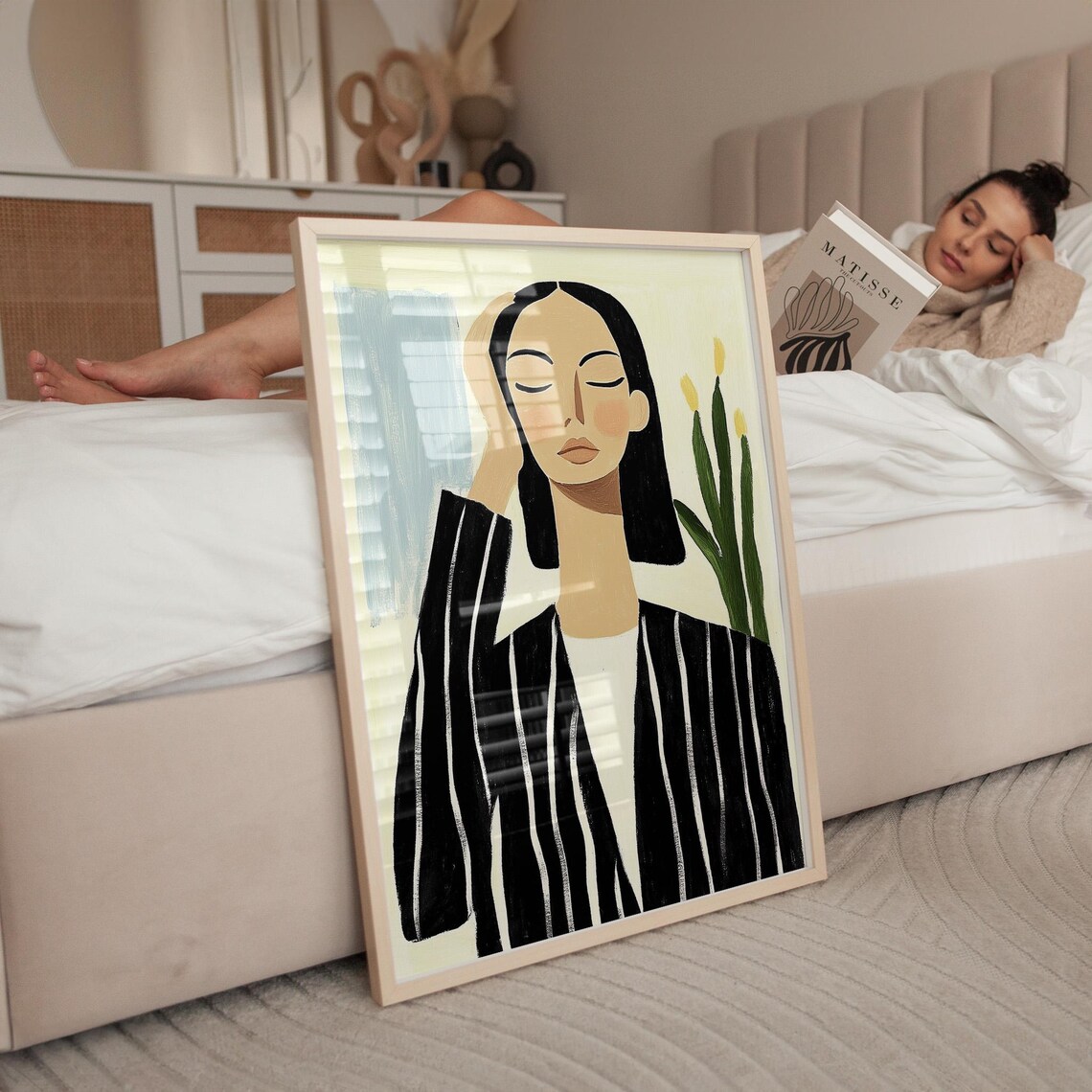 Woman In Black Striped Blazer With Hand To Forehead Art Poster - Image 5