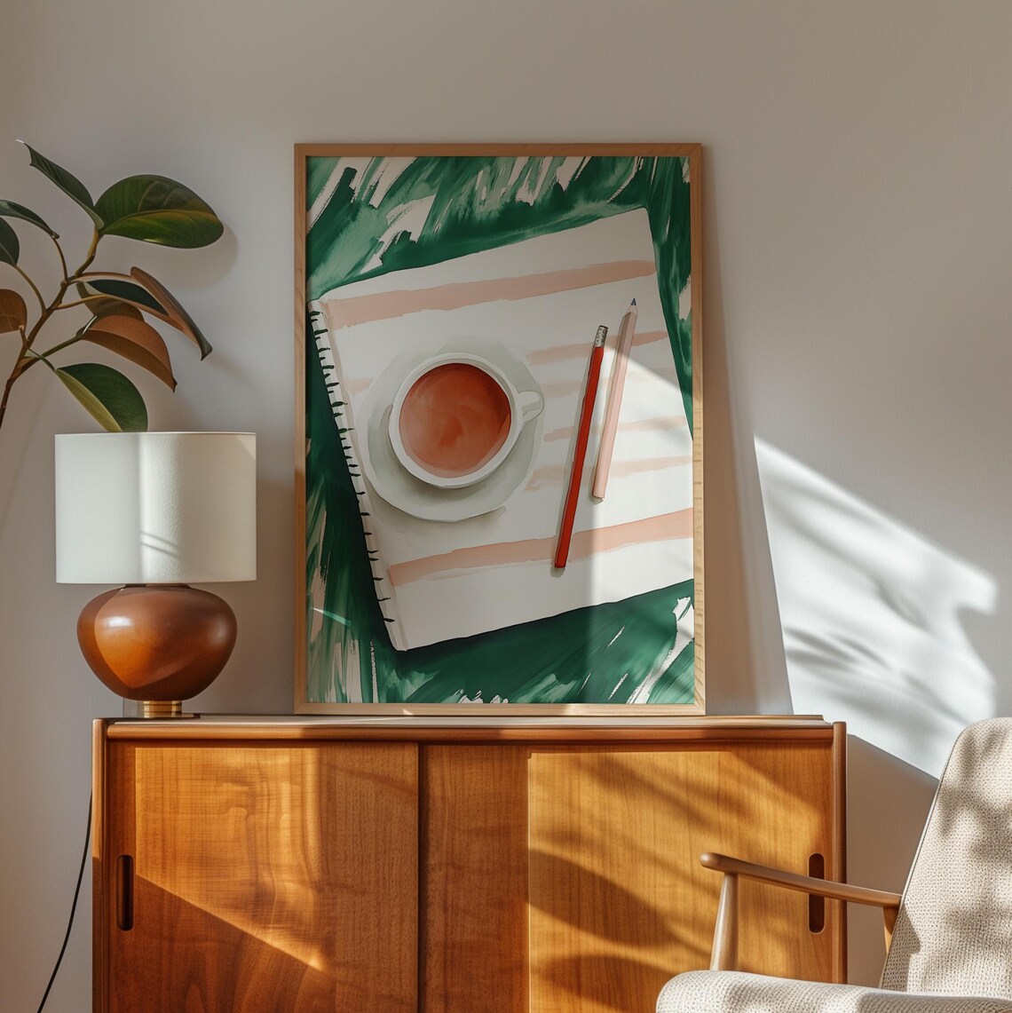 Sketchbook and Cup of Tea Overhead Watercolor Creative Desk Art Poster - Image 2