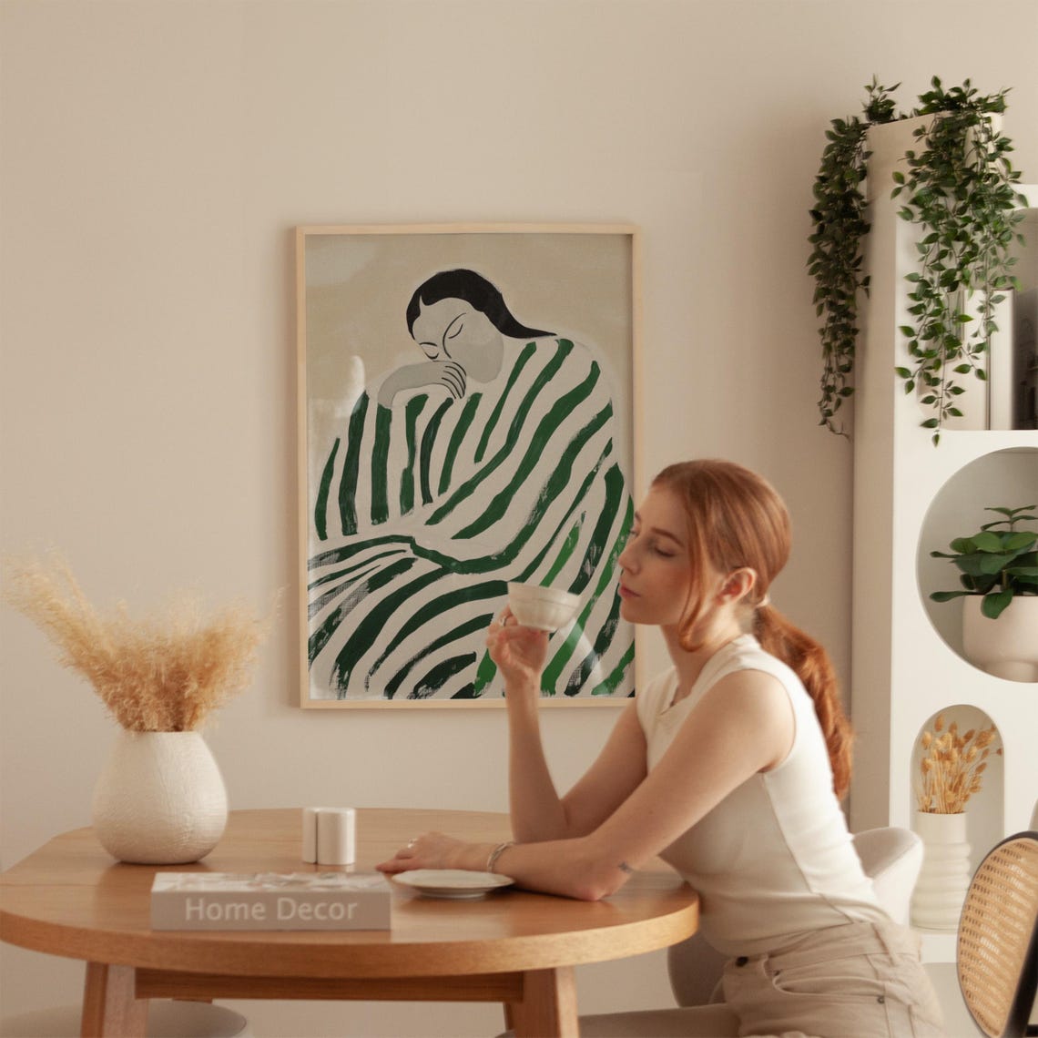 Emerald Green Striped Shawl Woman Resting Minimalist Art Poster - Image 4