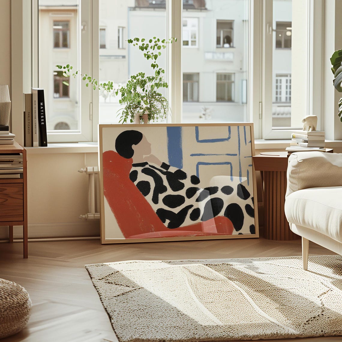 Abstract Woman In Red Chair Modern Minimalist Black And White Art Bold Blue Accents Contemporary Artwork Stylish Wall Decor