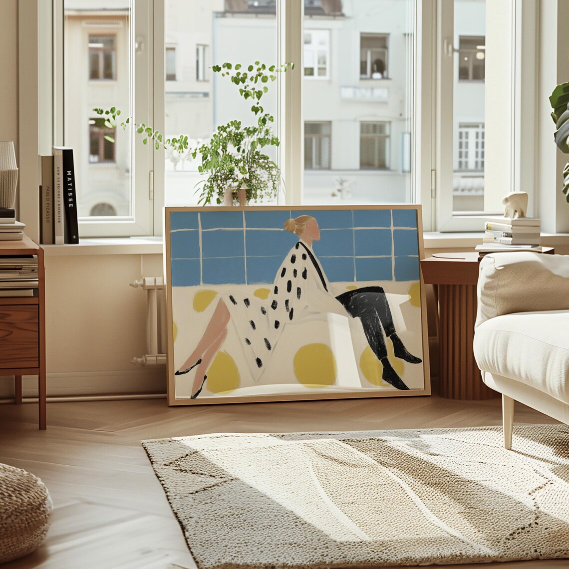 Polka Dot Woman Seated on Blue Tiled Wall Yellow Dots Modern Poster - Image 4