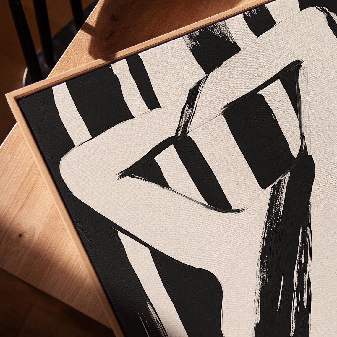 Bold Female Silhouette Black White Striped Abstract Art Poster - Image 3