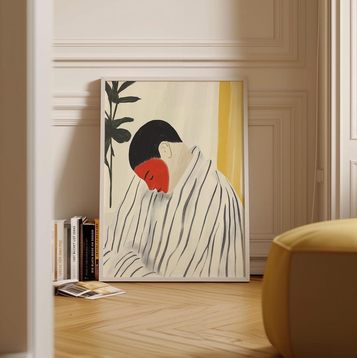 Sleeping Figure With Bold Red Face Striped Shirt Emotional Poster