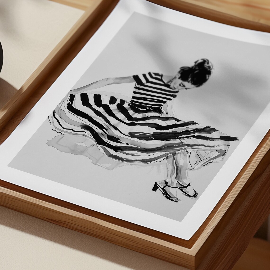 Woman in Flowing Striped Dress Black and White Fashion Poster - Image 4