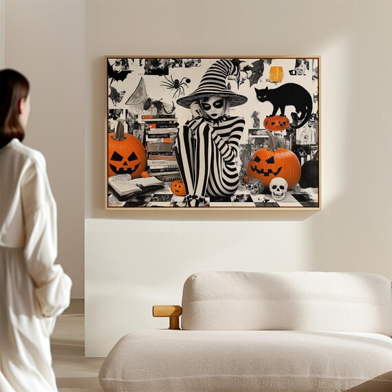 Striped Witch With Jack O Lanterns Halloween Collage Art Poster