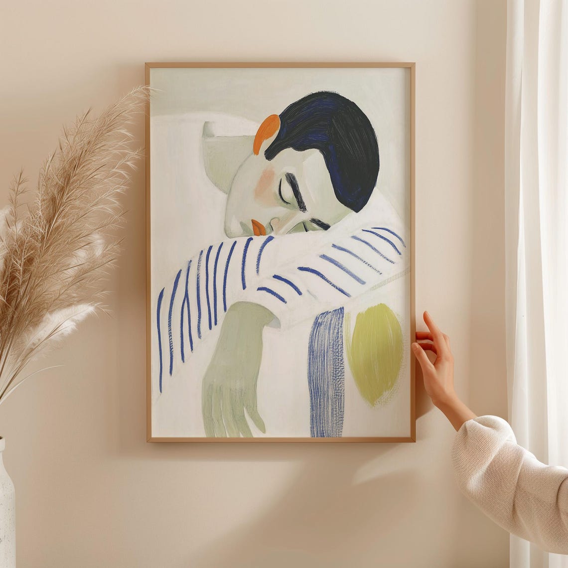 Sleeping Figure in Blue Stripes Soft Pastel Tones Minimalist Poster