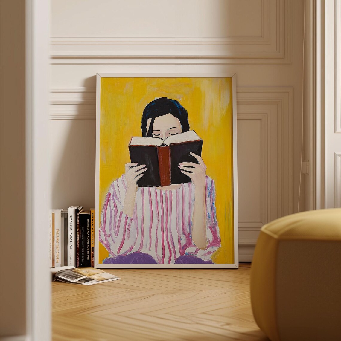 Woman Reading Book Bold Yellow Background Cozy Book Lover Art Poster - Image 2