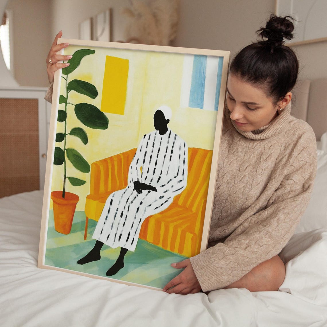 Seated Figure In Striped Robe On Orange Sofa Modern Interior Poster - Image 5