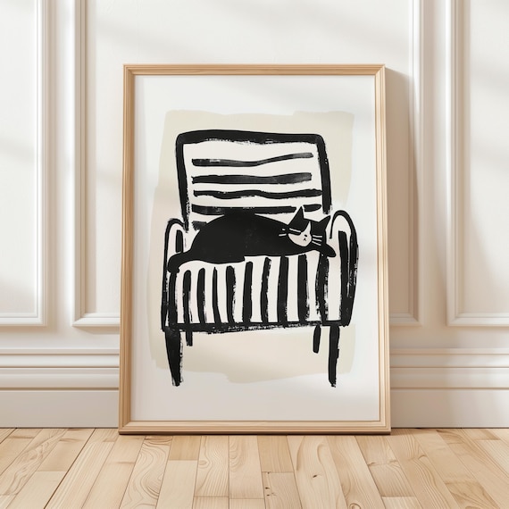 Black And White Cat On Striped Chair Minimal Ink Line Art Poster