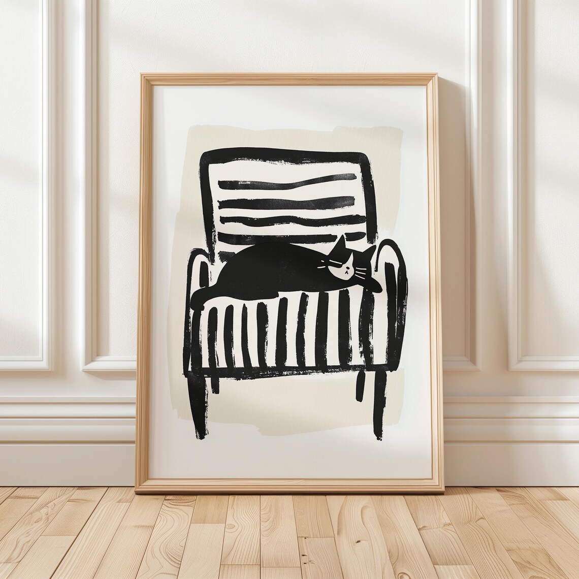 Black And White Cat On Striped Chair Minimal Ink Line Art Poster